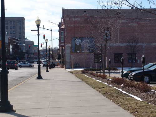 "First Electric Streetlights" Plaque in Downtown Aurora