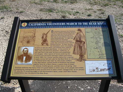 Interpretive Sign at Bear River Massacre Site: "California Volunteers March to the Bear River"
