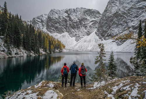 Hikers at Snowy Blue Lake