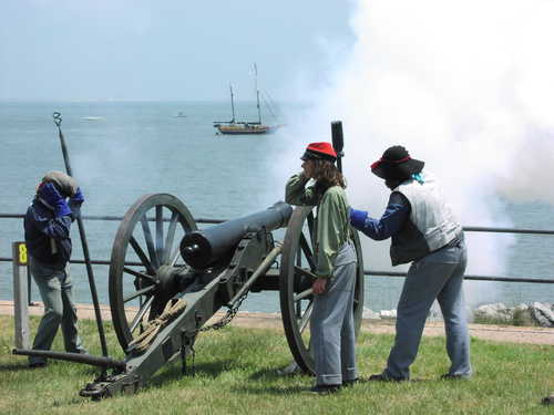 Reenactors Fire Cannons from Fort Gaines