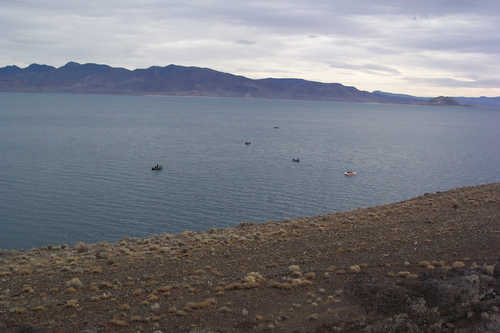 Distant Fishing Boats on Pyramid Lake