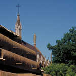 Cathedral Towers Behind Adobe Walls in Santa Fe