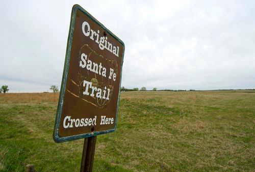 Santa Fe Trail crossing sign in Barton County, Kansas.