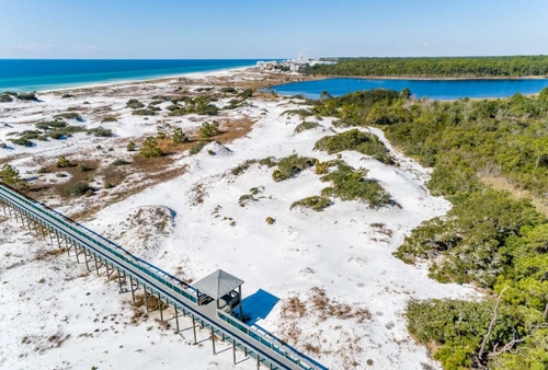 Aerial view of dune walkover at Deer Lake State Park in Walton County, Florida