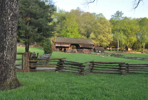 Cantilevered log barn and sheep