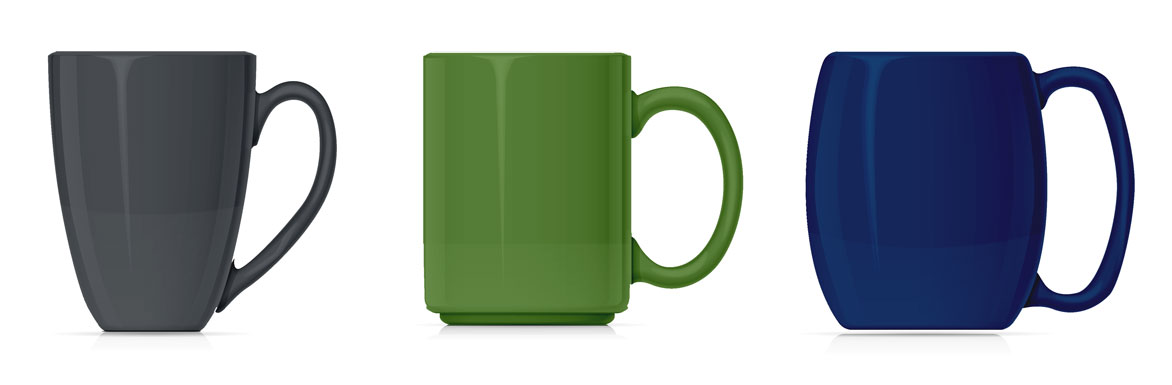 Three coffee mugs with the same height but different diameters.