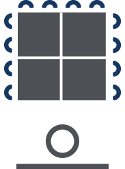 Conference classroom layout—Similar to the U-shape, tables are placed to make one long rectangle or square and chairs are placed along three sides. The instructor stands in front of the projection screen and faces the joined tables.