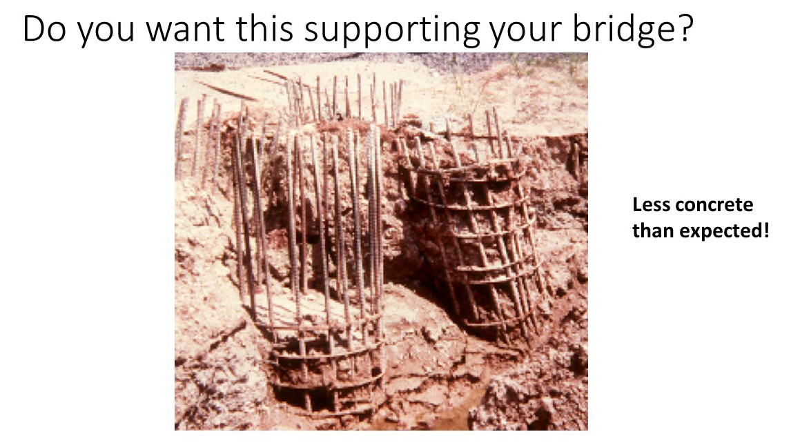 Slide from Drilled Shaft Volume presentation. Title: Do you want this supporting your bridge? Photo of exposed reinforcement bars protruding from unfinished bridge supports. Caption: Less concrete than expected!