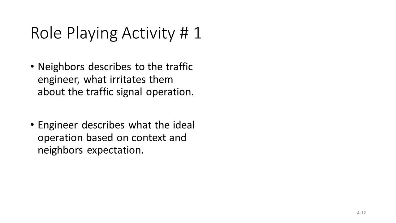 Slide from Influence of Context on Traffic Signal Operational Objectives presentation. Title: role playing activity #1
                                    Bullet: Scenario
                                    Sub bullet: dinner party/person #1 – traffic engineer / person #2 – neighbor
                                    Bullet: context
                                    Sub bullets: individual intersection – 4 leg intersection, side-street approach
                                    Network – local road to arterial
                                    Land use – residential to commercial
                                    Time of day – early AM
                                    Traffic conditions - light
                                    