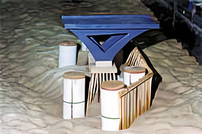 Photo of a model of the Woodrow Wilson bridge being used to test impact of design modifications on scour.