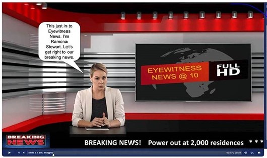 Screenshot from NHI Utility Investigations web-based training course. A newscaster sits at a desk in front of a screen that reads: Eyewitness News @ 10, Full HD. A graphic at the bottom left of the screen: BREAKING NEWS. The banner at the bottom of the screen reads: Breaking News! Power out at 2,000 residence. A speech bubble shows: This just in to Eyewitness News. I’m Ramona Stewart. Let’s get right to our breaking news.