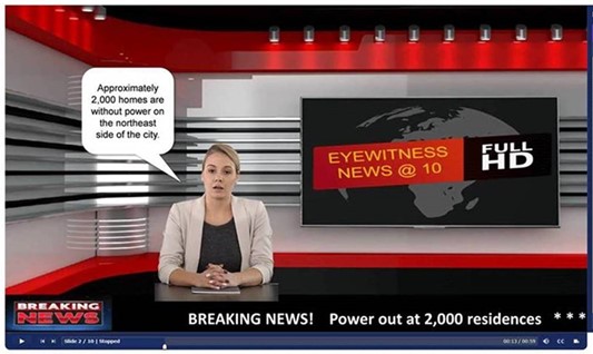 Screenshot from NHI Utility Investigations web-based training course. A newscaster sits at a desk in front of a screen that reads: Eyewitness News @ 10, Full HD. A graphic at the bottom left of the screen: BREAKING NEWS. The banner at the bottom of the screen reads: Breaking News! Power out at 2,000 residence. A speech bubble shows: Approximately 2,000 homes are without power on the northeast side of the city.
