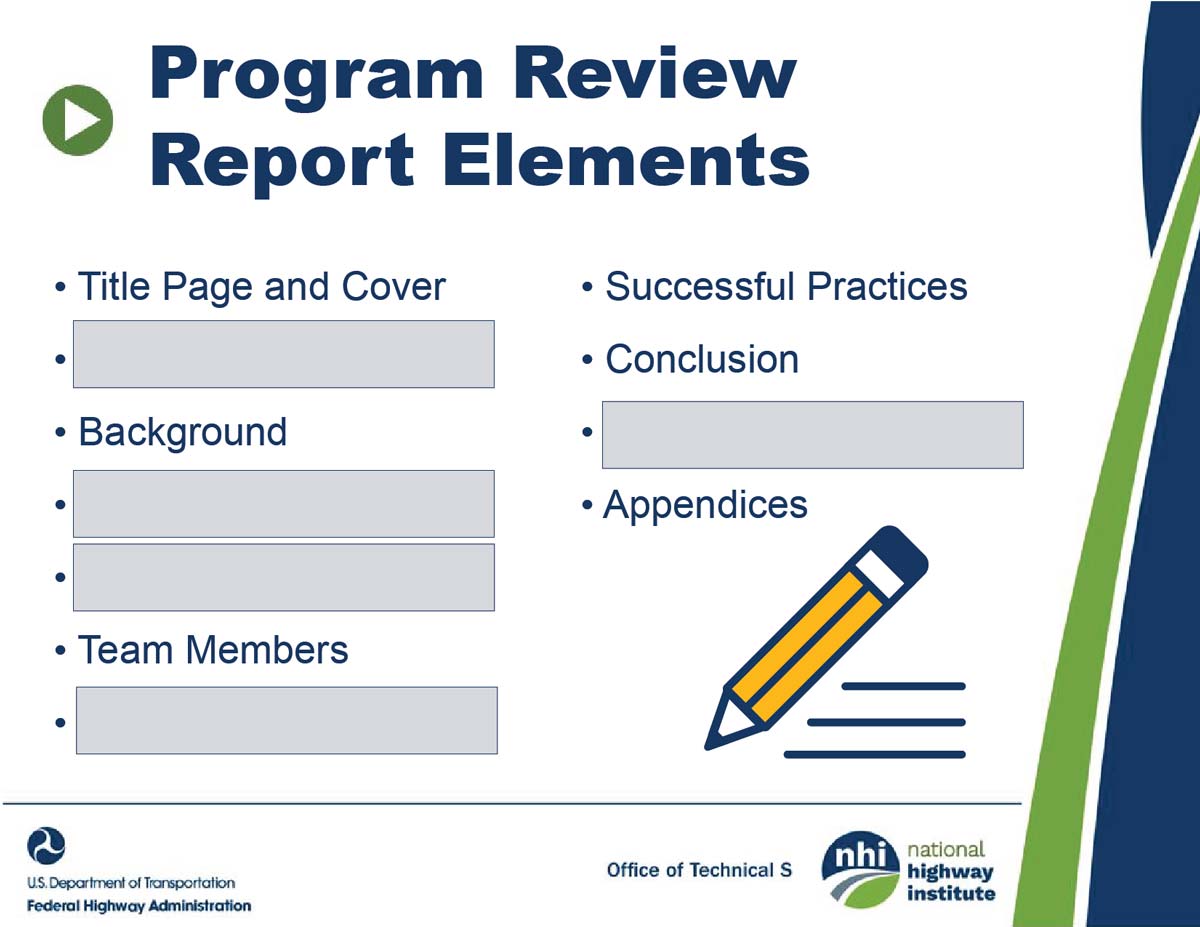Slide screenshot. Title: Program Review Report Elements. (bullets) Title Page & Cover, (blank), background, (blank), (blank), team members, (blank), successful practices, conclusion, (blank), appendices. DOT logo, U.S. Department of Transportation, Federal Highway Administration, Office of Technology 3 (NHI logo), National Highway Institute.
