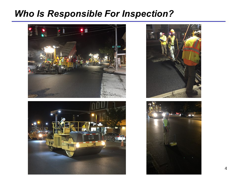 Slide from Construction Quality Assurance: Measuring Quality with Inspection PPT. Title: Who is responsible for inspection? Four photos show workers at different phases of a road surfacing project: laying asphalt, edging, smoothing with roller, measuring thickness with tool.