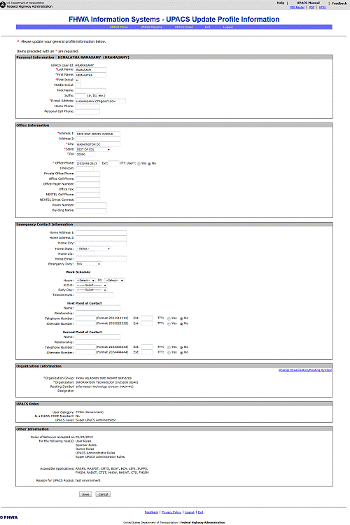 FHWA Information Systems - UPACS Update Profile Information Page