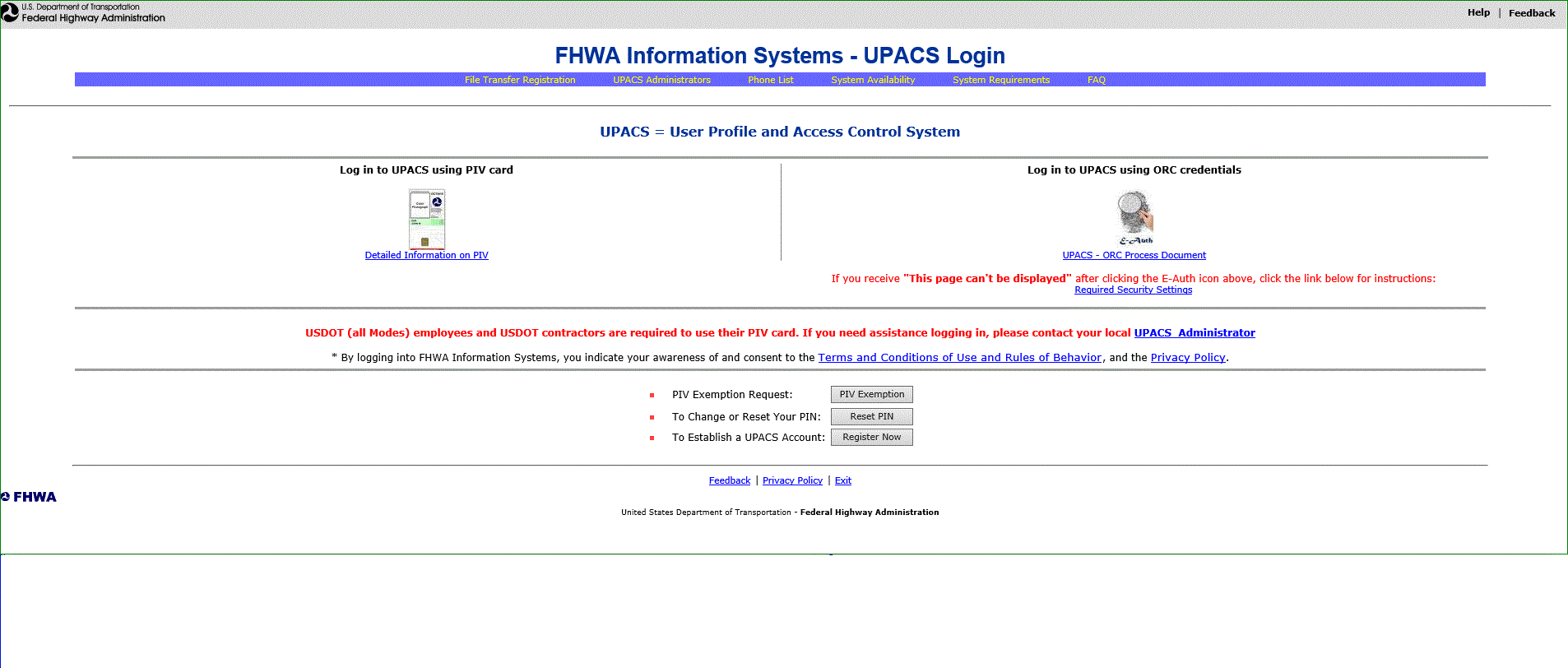 FHWA Information Systems - UPACS Login Page