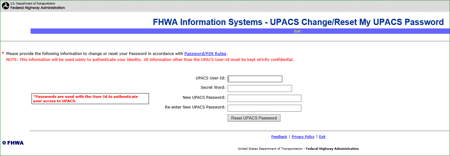 FHWA Information Systems - UPACS Change/Reset My UPACS Password Page
