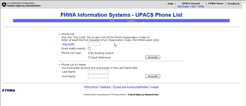 Sample FHWA Information Systems - Phone List Page