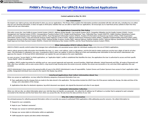 Sample FHWA Information Systems - Privacy and Cookie Notification Page