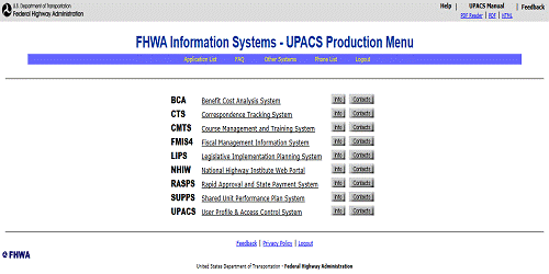 FHWA Information Systems - UPACS Production Menu Page