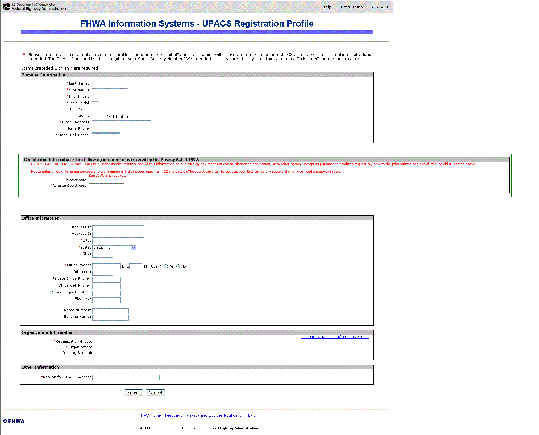 FHWA Information Systems - Registration Profile Page
