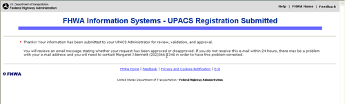 FHWA Information Systems - UPACS Registration Submitted Page
