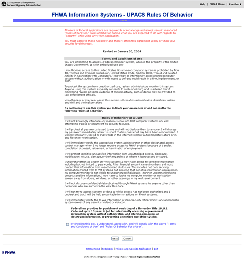 FHWA Information Systems - UPACS Rules of Behavior Page