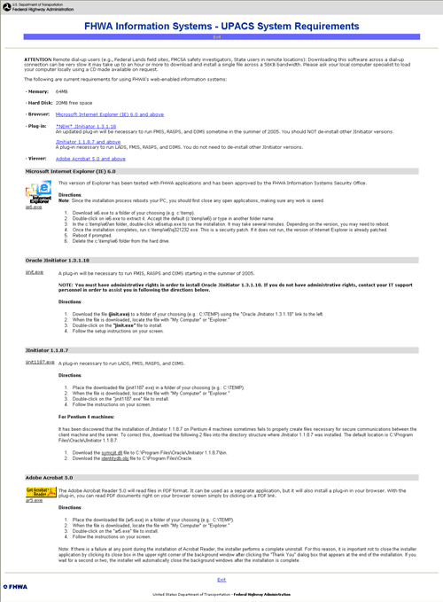Sample FHWA Information Systems - System Requirements Page